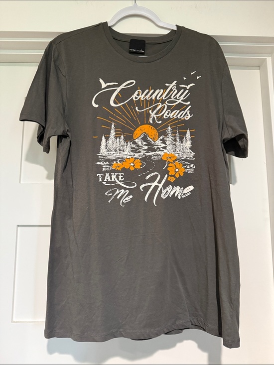 Sweet Claire Tops - Sweet Claire Charcoal Tee with White and Orange Country Roads Graphic
